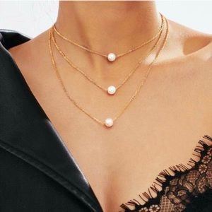 Triple Layered Faux Pearl Gold Colored Necklace